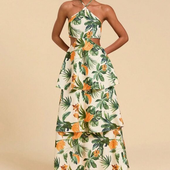 Boho Women's Tropical Plant Print Halter Waist Cutout Maxi Dress - Picture 3 of 6